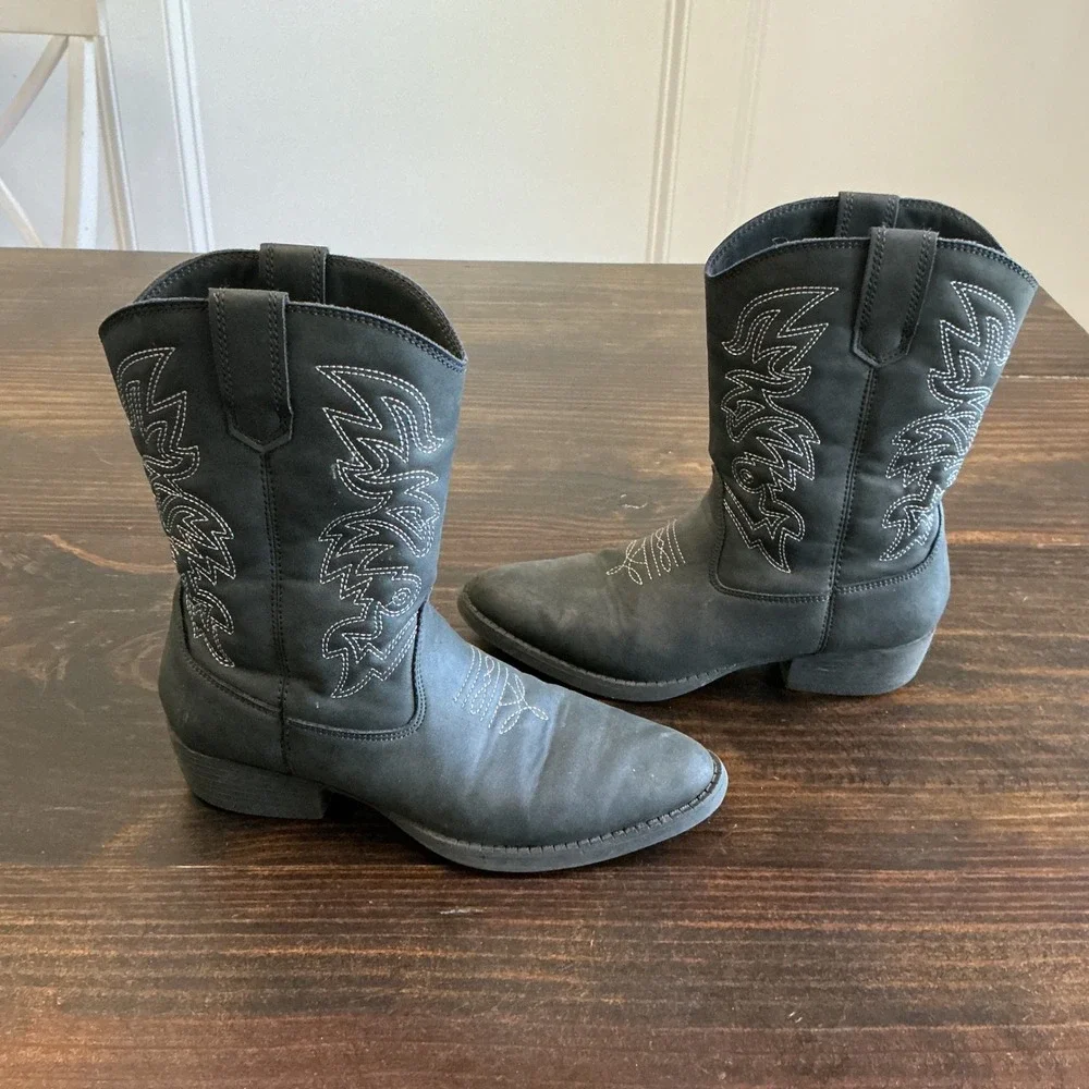 Deer Stags Ranch Kids Black Western Cowboy Boots Size 4‎ Pull On Contrast Stitch